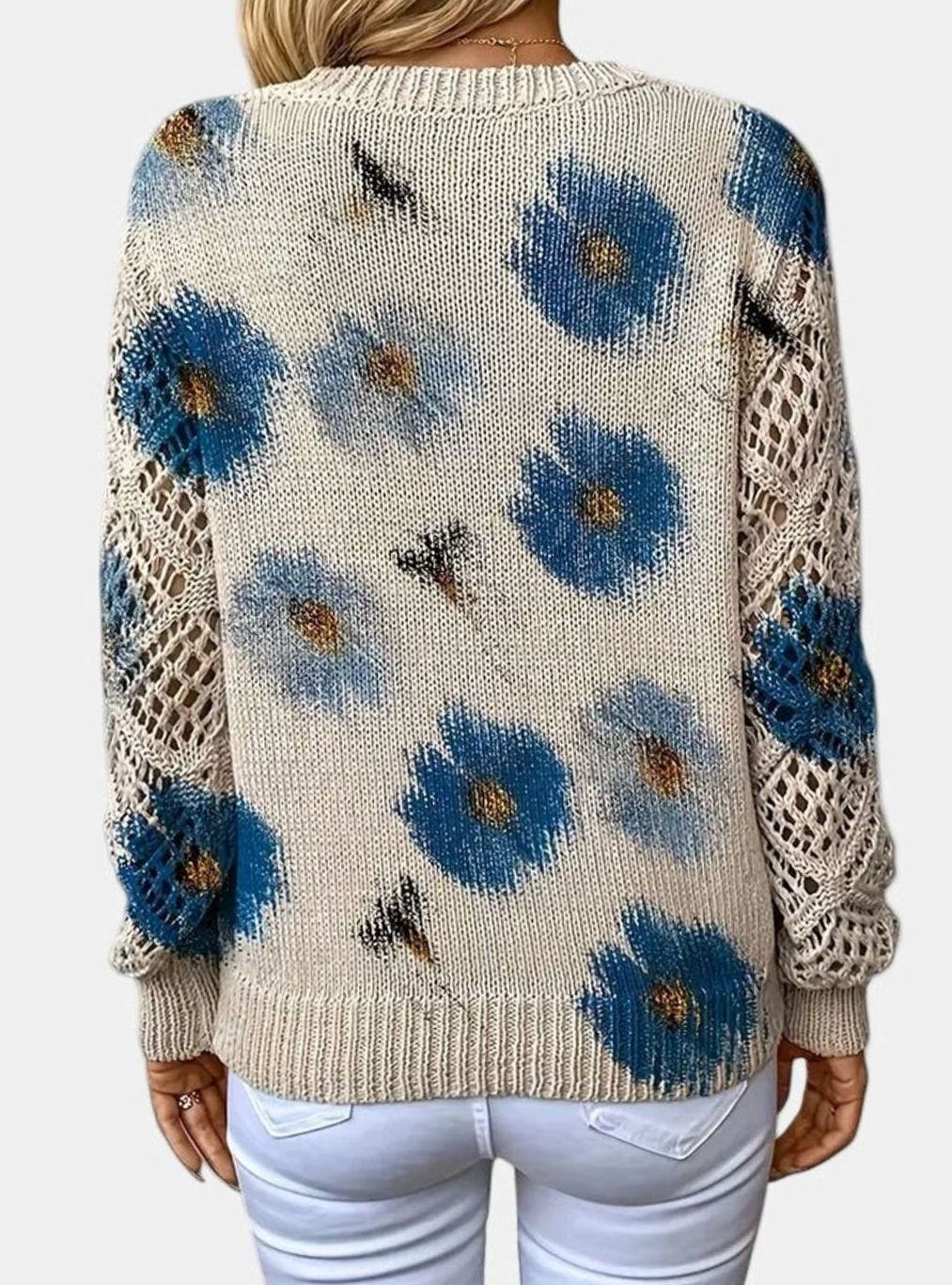 Isabella | Women's Floral Knit V-Neck Crochet Sleeve Pullover Sweater