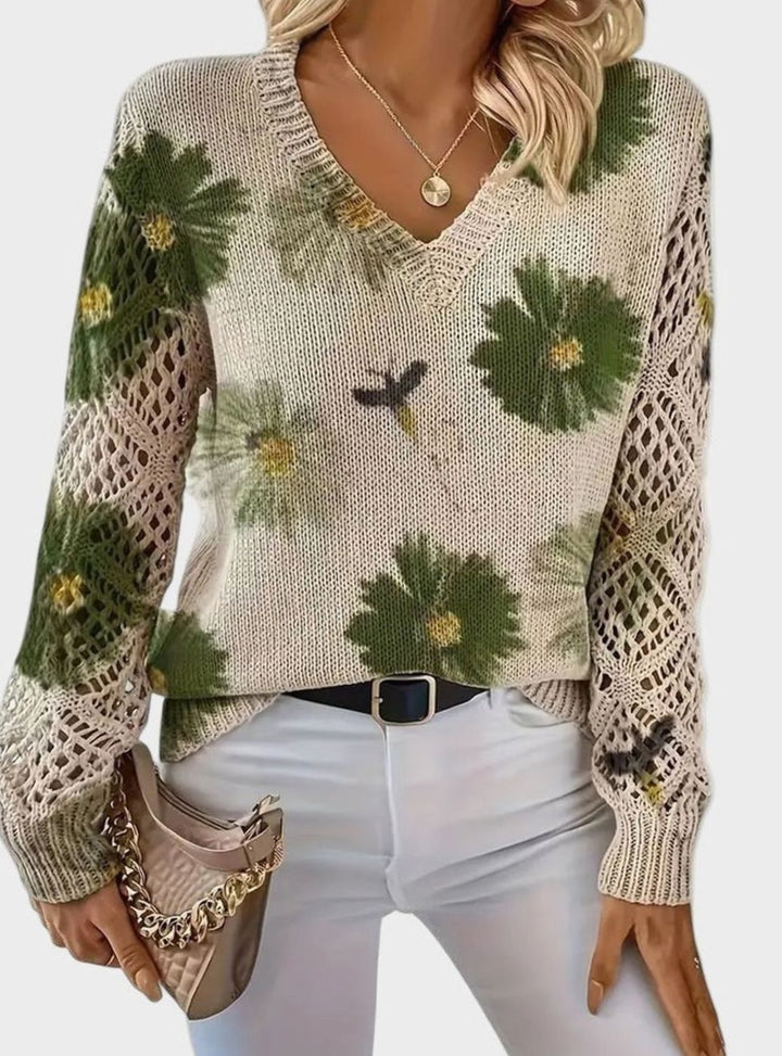 Isabella | Women's Floral Knit V-Neck Crochet Sleeve Pullover Sweater