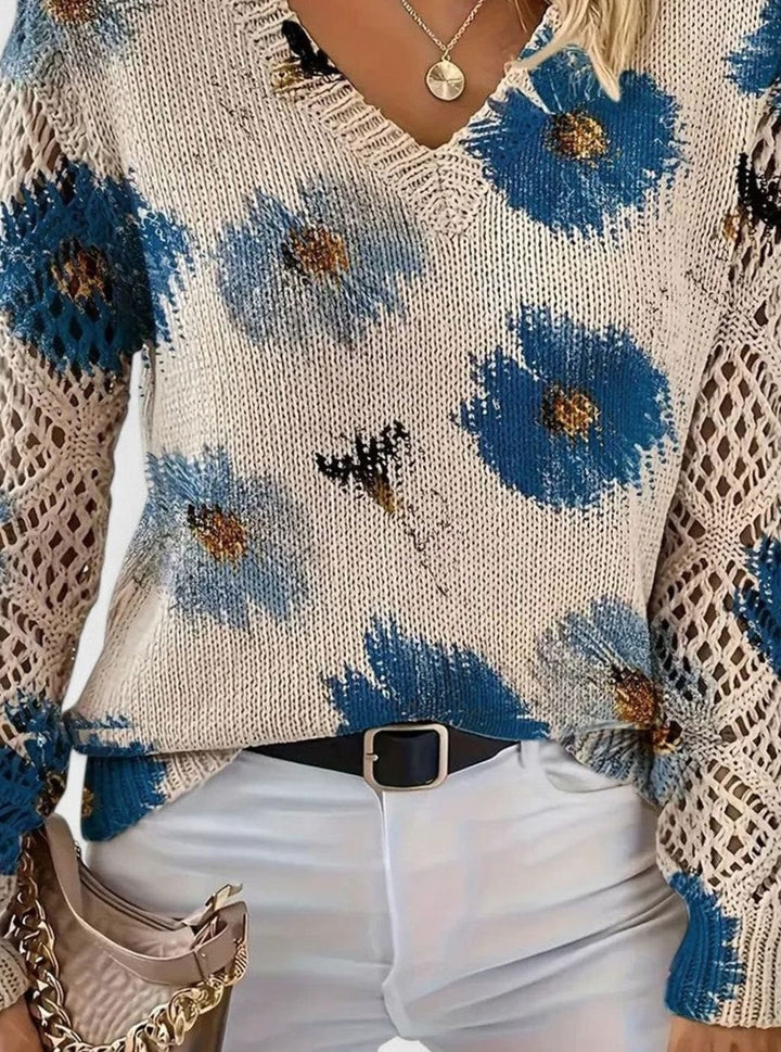 Isabella | Women's Floral Knit V-Neck Crochet Sleeve Pullover Sweater