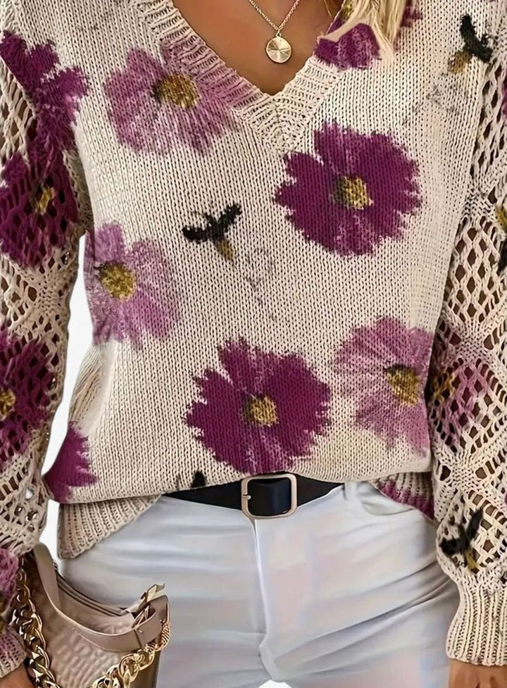 Isabella | Women's Floral Knit V-Neck Crochet Sleeve Pullover Sweater