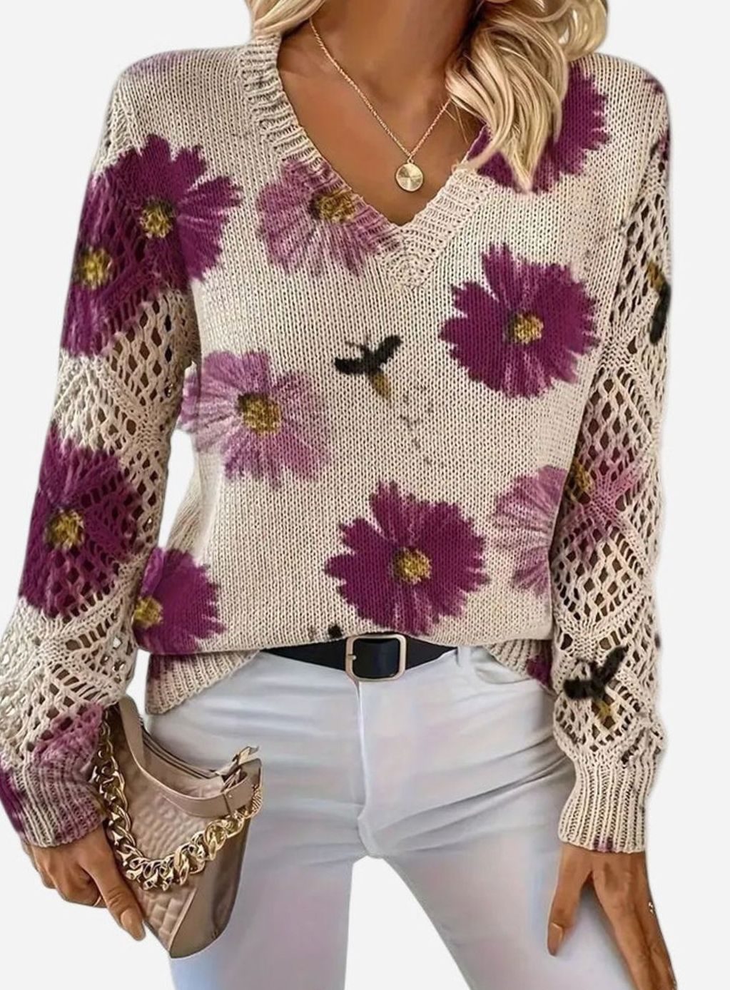 Isabella | Women's Floral Knit V-Neck Crochet Sleeve Pullover Sweater
