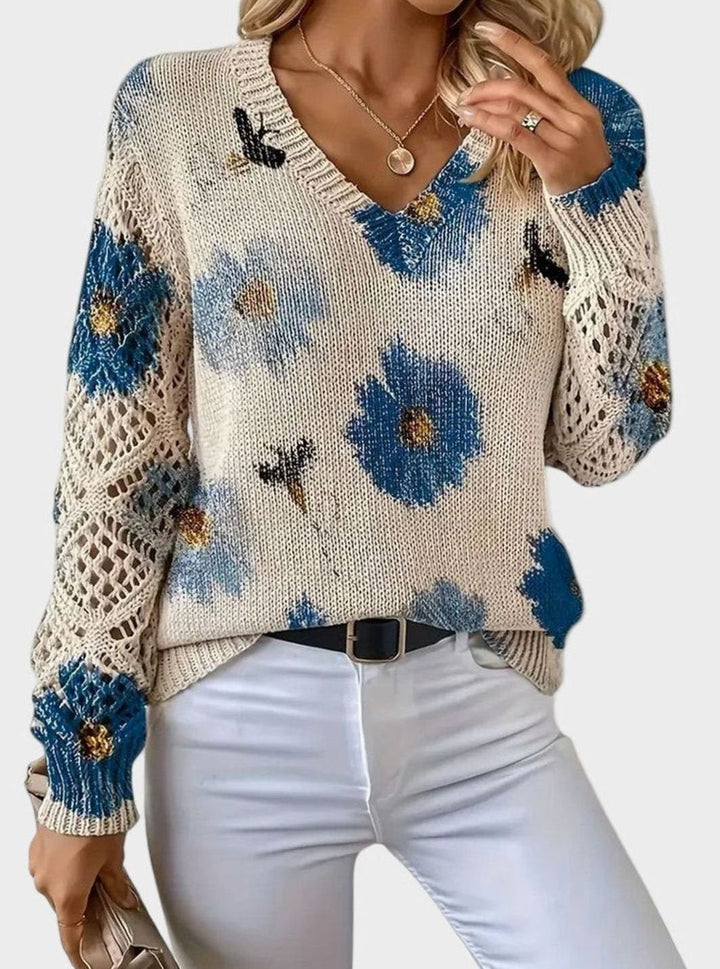 Isabella | Women's Floral Knit V-Neck Crochet Sleeve Pullover Sweater