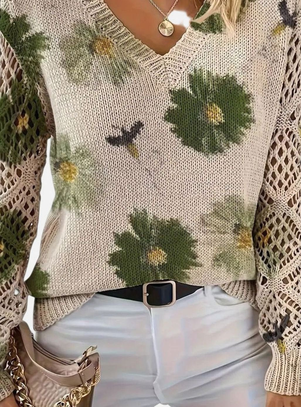 Isabella | Women's Floral Knit V-Neck Crochet Sleeve Pullover Sweater
