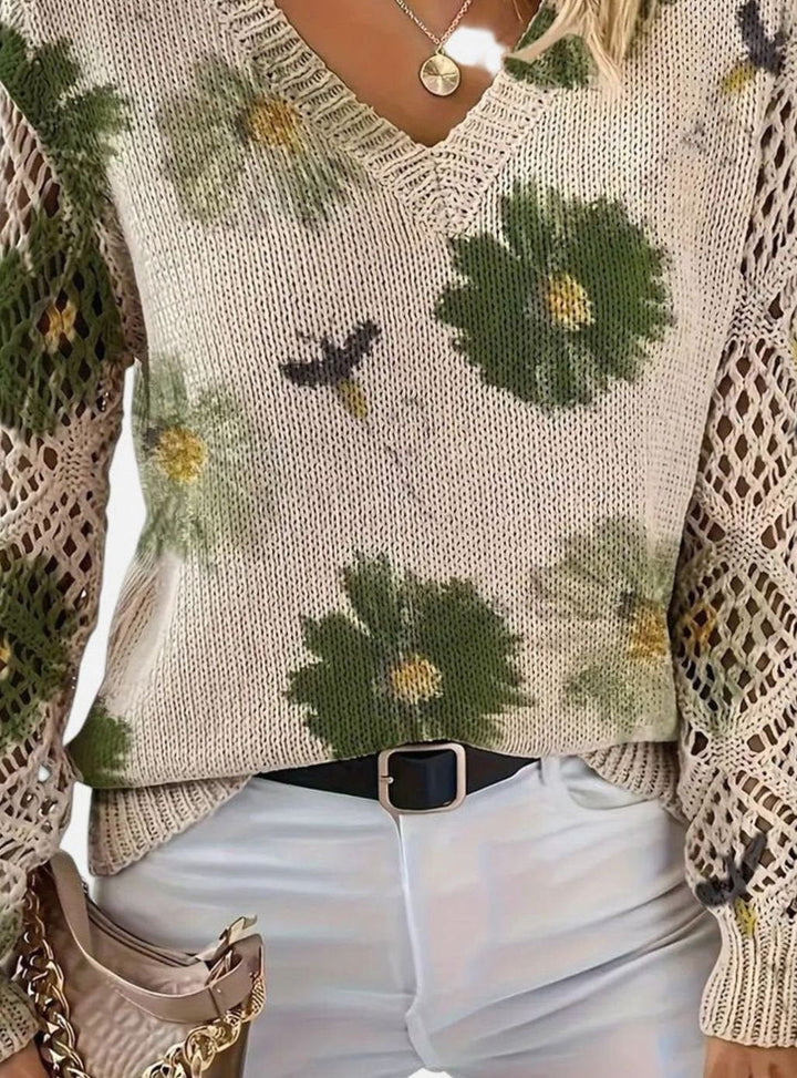 Isabella | Women's Floral Knit V-Neck Crochet Sleeve Pullover Sweater