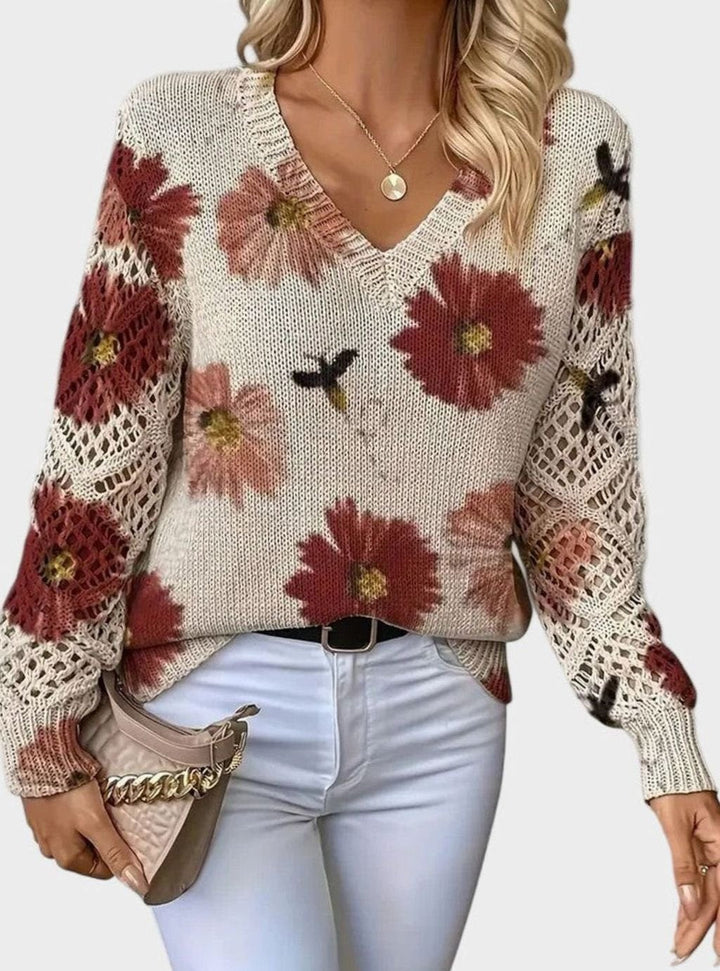 Isabella | Women's Floral Knit V-Neck Crochet Sleeve Pullover Sweater