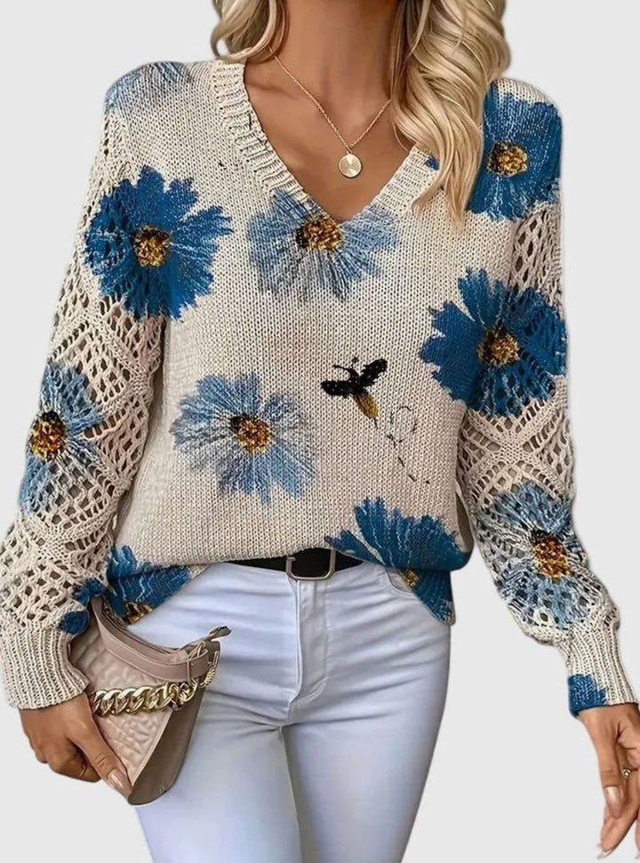 Isabella | Women's Floral Knit V-Neck Crochet Sleeve Pullover Sweater