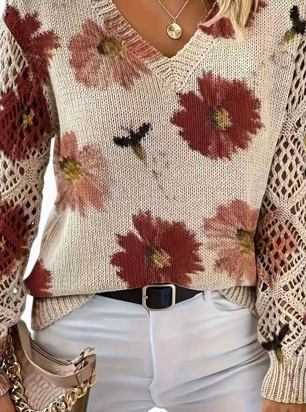 Isabella | Women's Floral Knit V-Neck Crochet Sleeve Pullover Sweater
