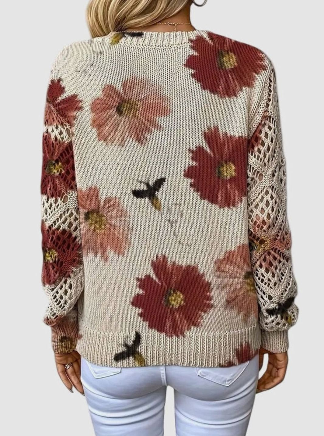 Isabella | Women's Floral Knit V-Neck Crochet Sleeve Pullover Sweater