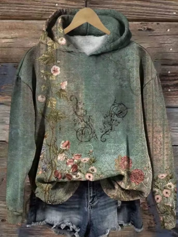 Grace | Women's Floral Print Relaxed-Fit Hooded Knit Sweater