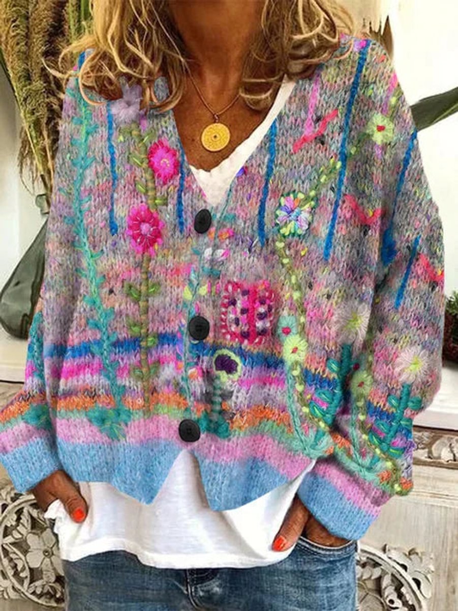 Ella | Women's Floral Printed Button-Up Knit-Look Cardigan