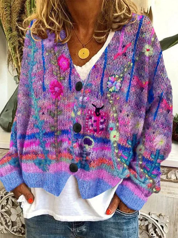 Ella | Women's Floral Printed Button-Up Knit-Look Cardigan