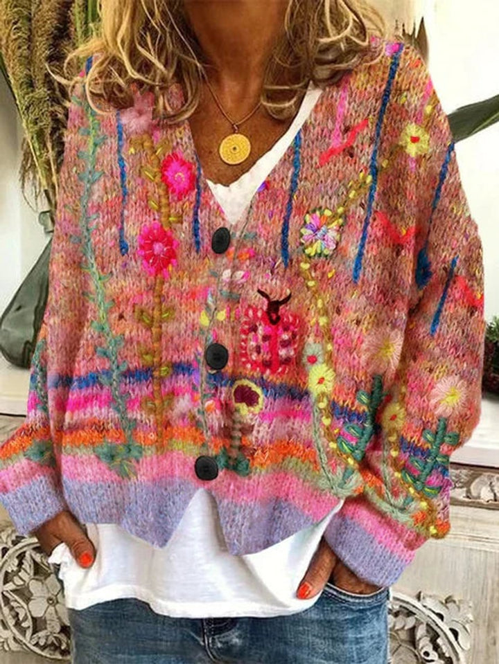 Ella | Women's Floral Printed Button-Up Knit-Look Cardigan