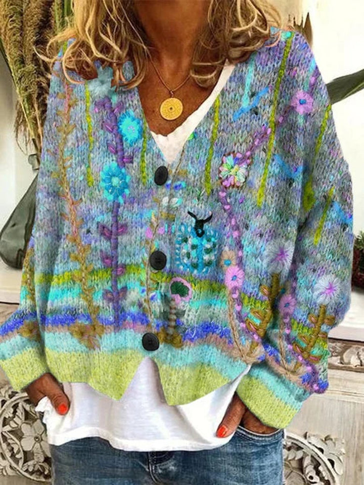 Ella | Women's Floral Printed Button-Up Knit-Look Cardigan
