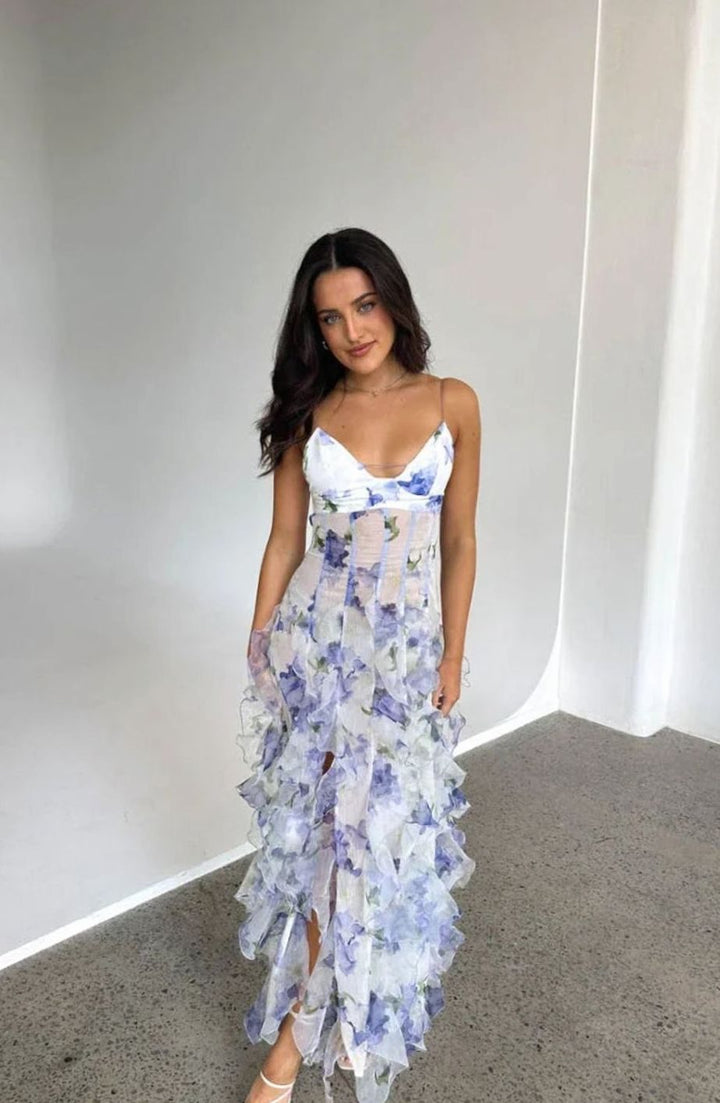 Riley | Women's Floral Ruffled Corset Strapless Maxi Dress