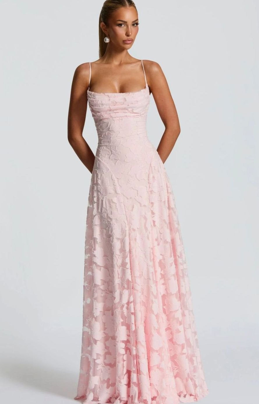 Riley | Women's Floral Spaghetti-Strap A-Line Pink Maxi Dress