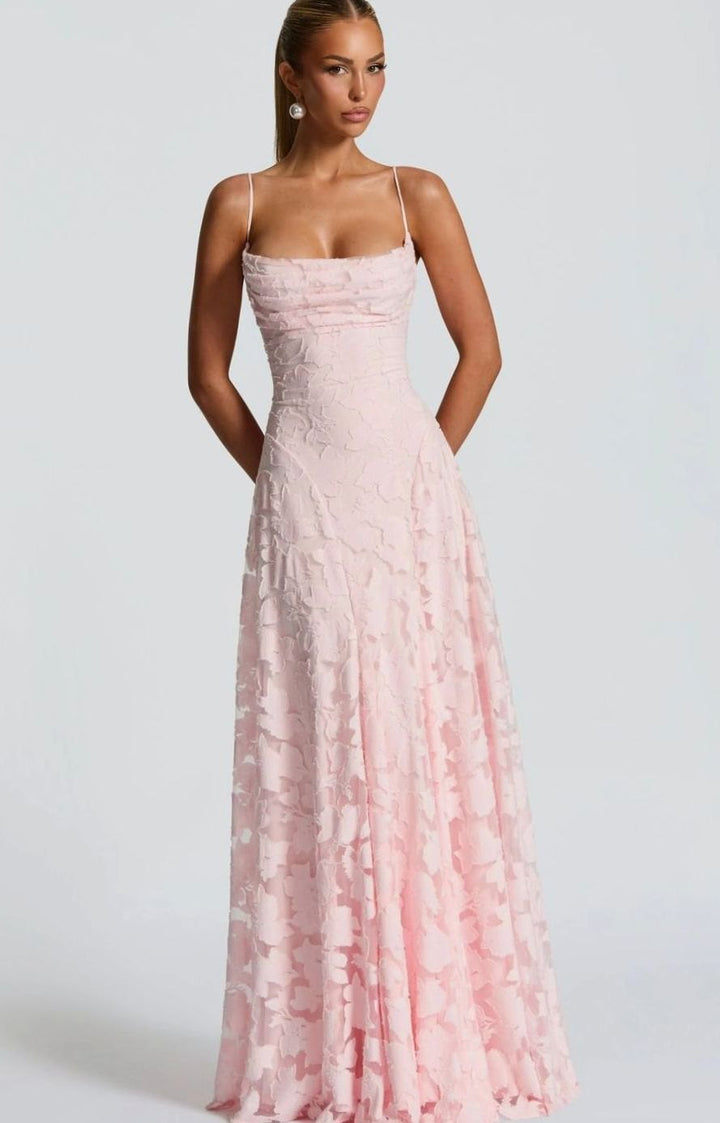 Riley | Women's Floral Spaghetti-Strap A-Line Pink Maxi Dress
