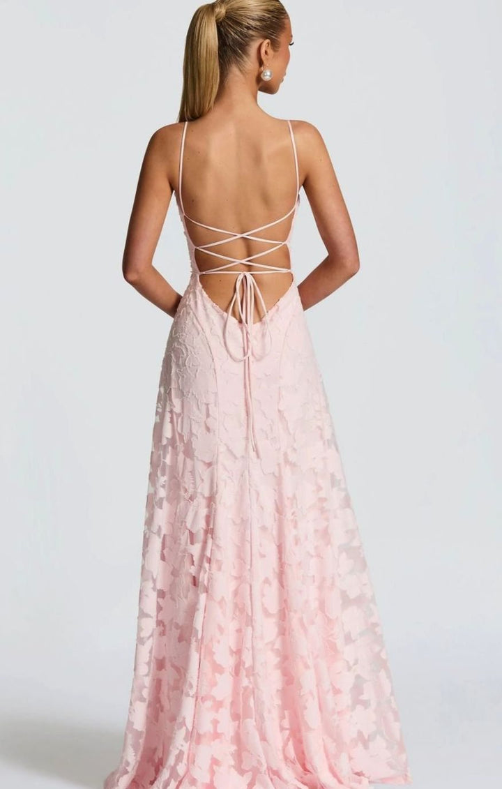 Riley | Women's Floral Spaghetti-Strap A-Line Pink Maxi Dress