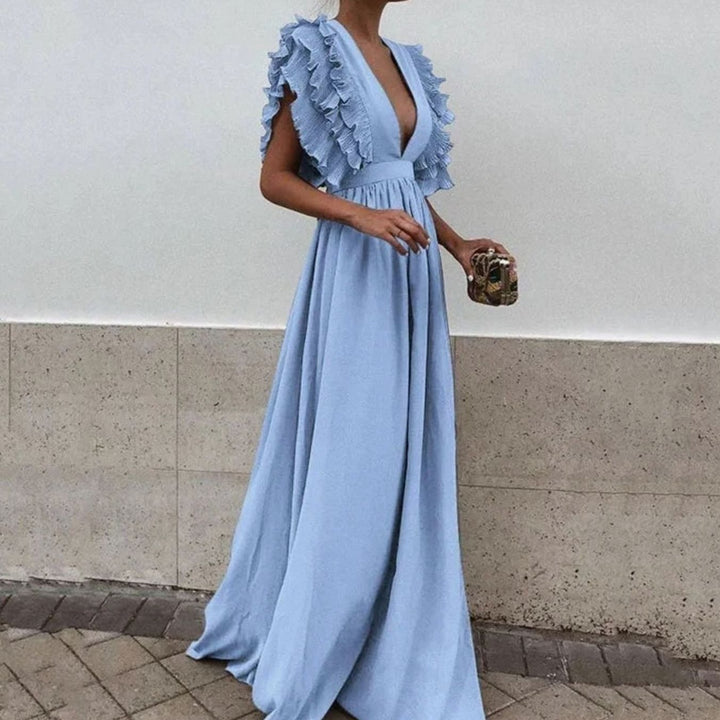 Sophia | Women's Flowy Maxi Wedding Guest Dress Ruffled Deep V-Neck