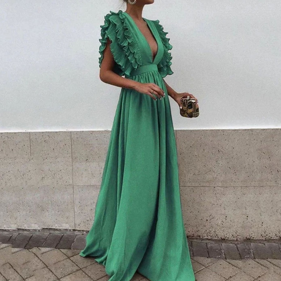 Sophia | Women's Flowy Maxi Wedding Guest Dress Ruffled Deep V-Neck
