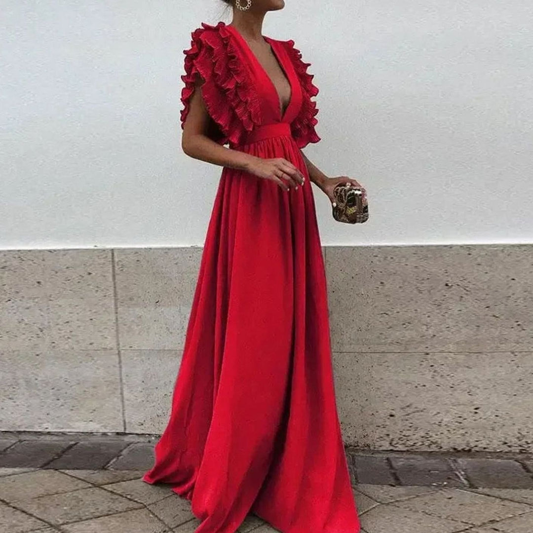 Sophia | Women's Flowy Maxi Wedding Guest Dress Ruffled Deep V-Neck