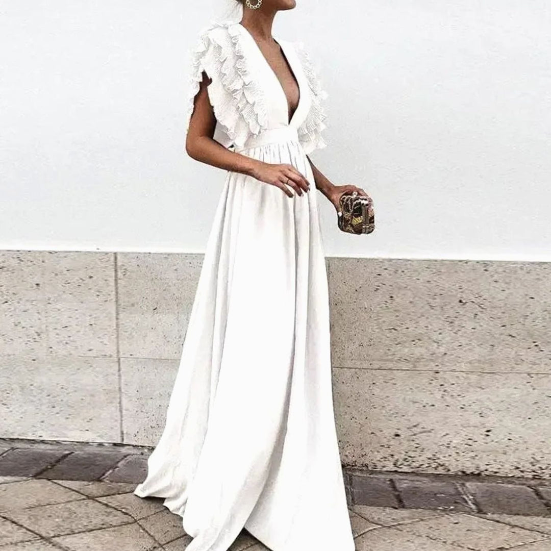 Sophia | Women's Flowy Maxi Wedding Guest Dress Ruffled Deep V-Neck