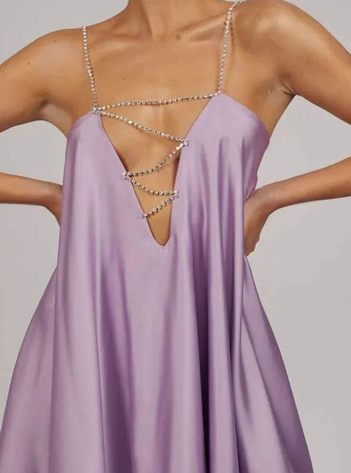Emma | Women's Flowy Mini Wedding Guest Dress Rhinestone Chain Straps