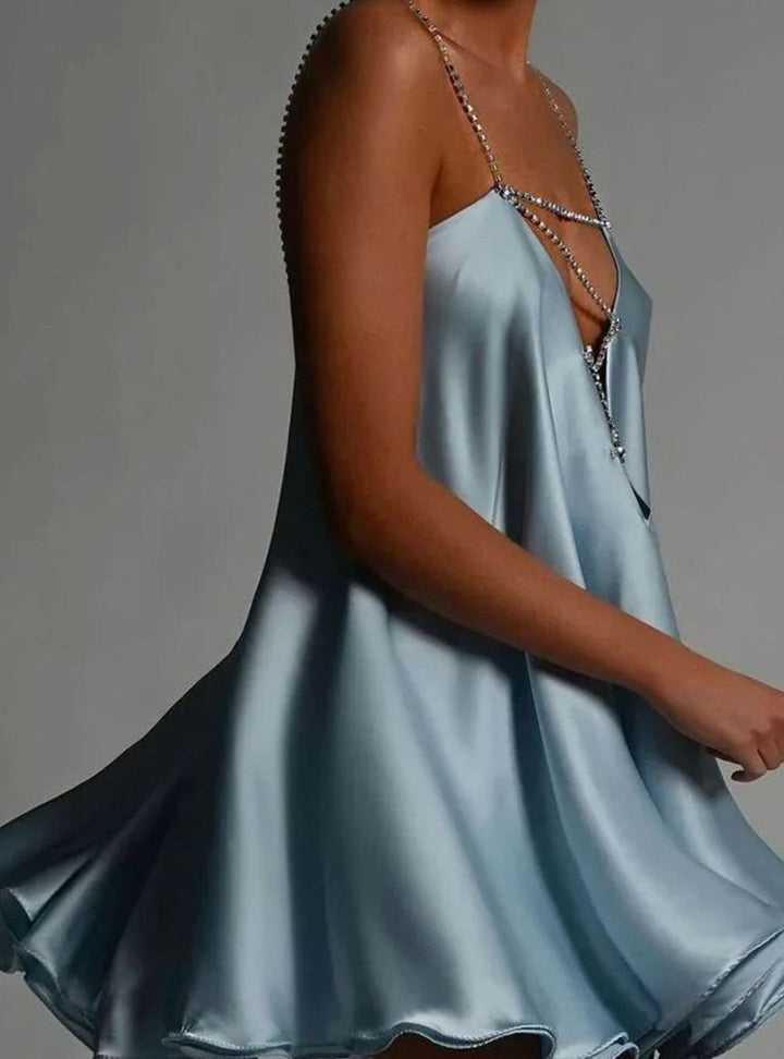 Emma | Women's Flowy Mini Wedding Guest Dress Rhinestone Chain Straps