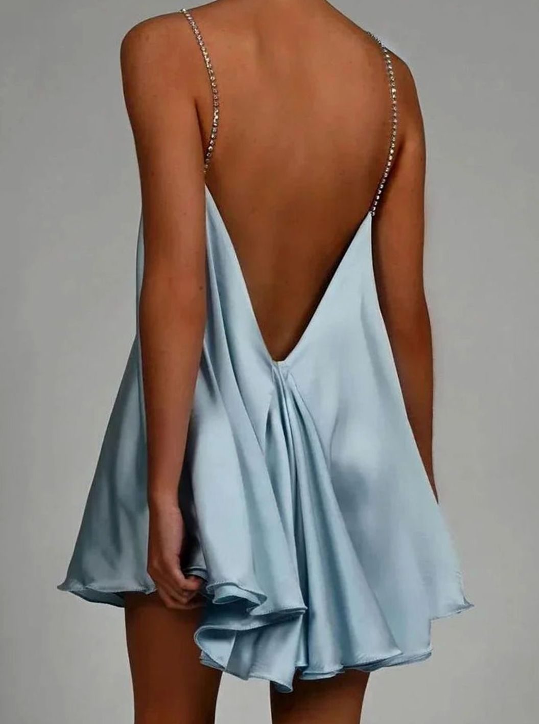 Emma | Women's Flowy Mini Wedding Guest Dress Rhinestone Chain Straps