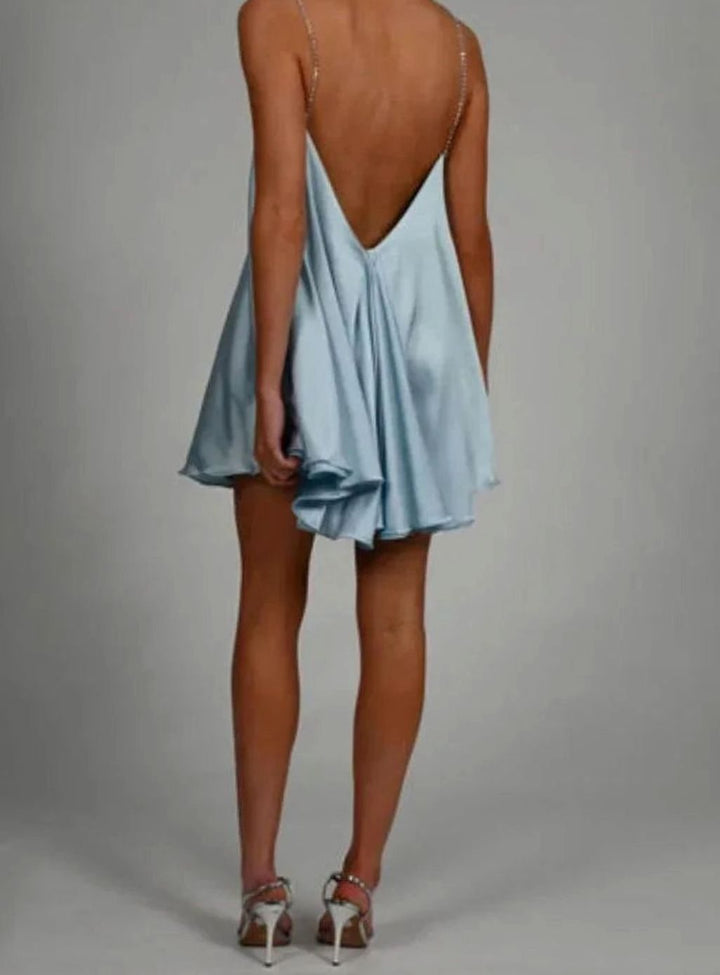 Emma | Women's Flowy Mini Wedding Guest Dress Rhinestone Chain Straps