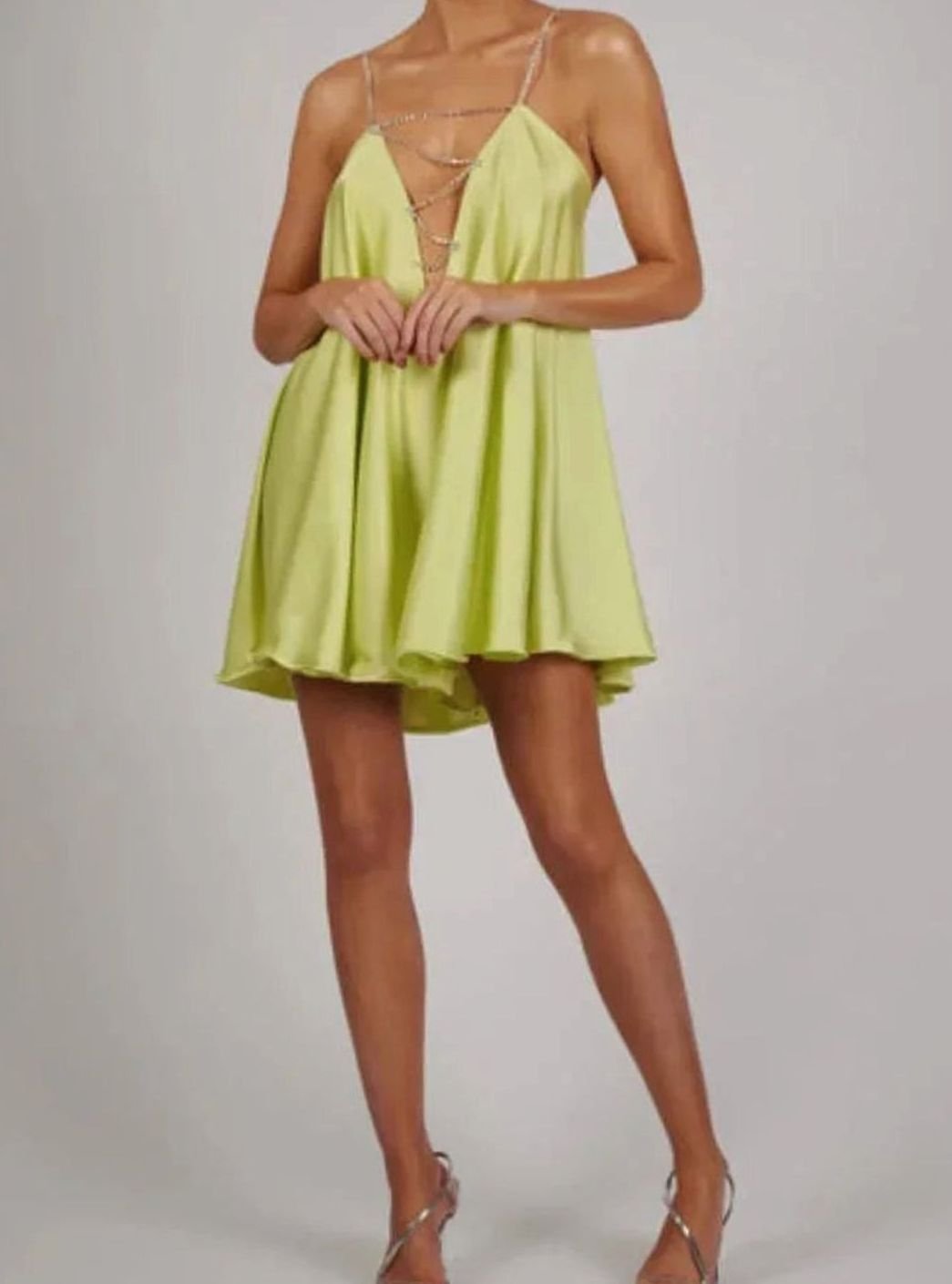 Emma | Women's Flowy Mini Wedding Guest Dress Rhinestone Chain Straps