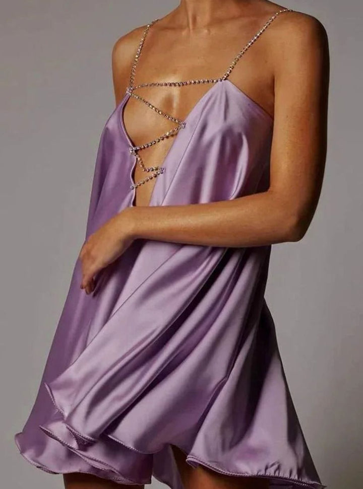Emma | Women's Flowy Mini Wedding Guest Dress Rhinestone Chain Straps
