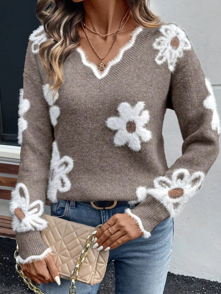 Scarlett | Women's Fluffy Floral V-Neck Knit Sweater Pullover