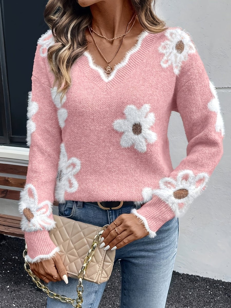 Scarlett | Women's Fluffy Floral V-Neck Knit Sweater Pullover