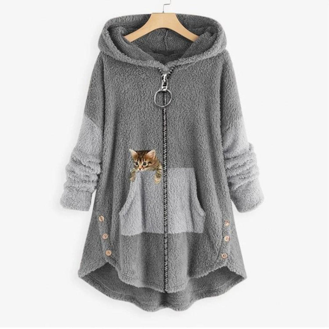 Charlotte | Women's Fluffy Plush Zip-Up Cat Print Hooded Sweater