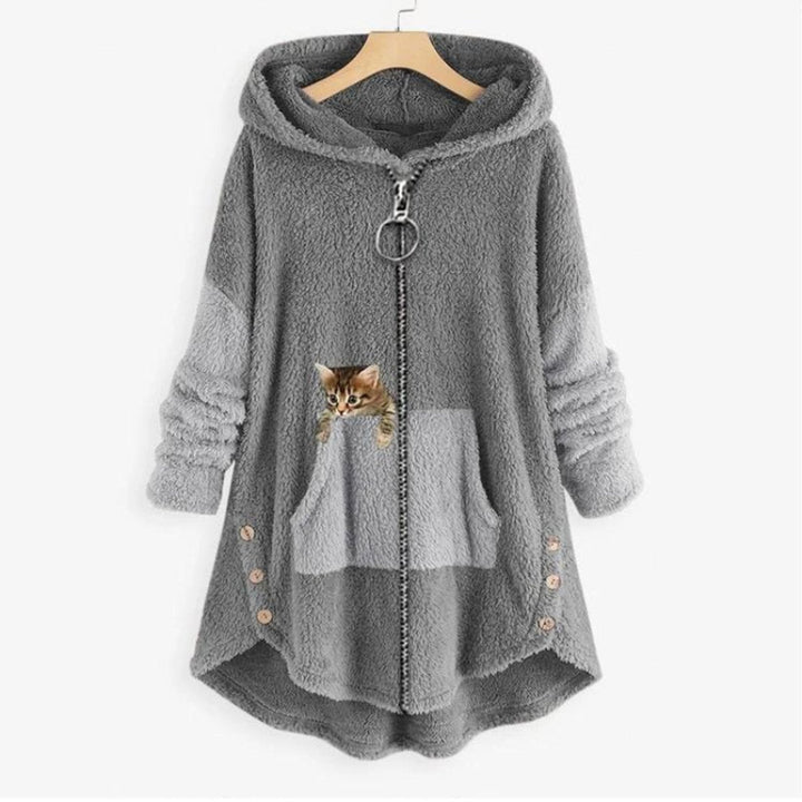 Charlotte | Women's Fluffy Plush Zip-Up Cat Print Hooded Sweater