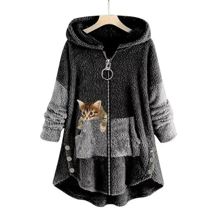 Charlotte | Women's Fluffy Plush Zip-Up Cat Print Hooded Sweater