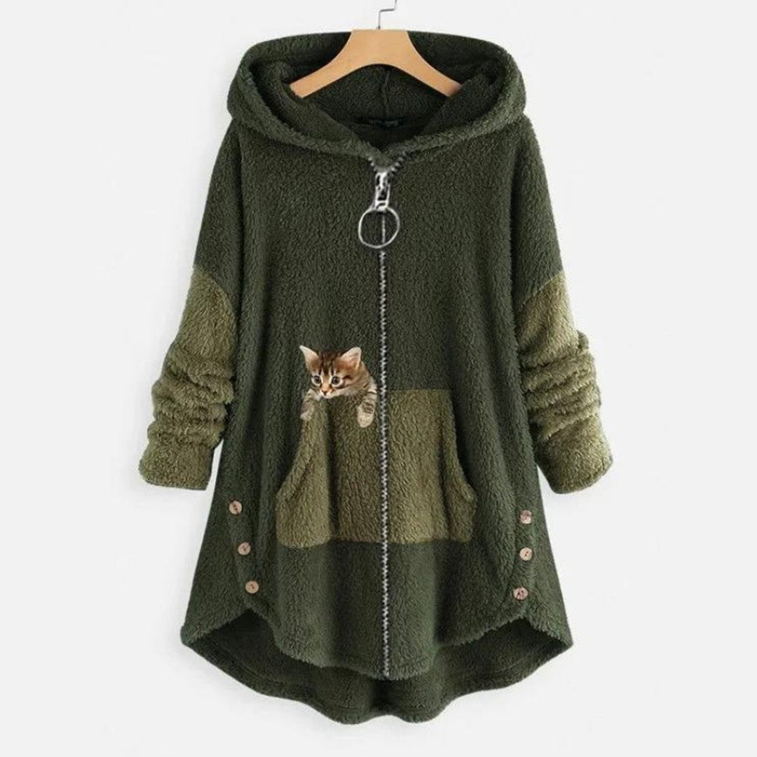 Charlotte | Women's Fluffy Plush Zip-Up Cat Print Hooded Sweater