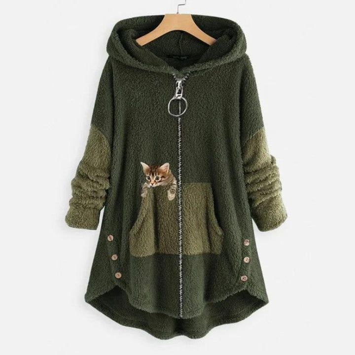 Charlotte | Women's Fluffy Plush Zip-Up Cat Print Hooded Sweater