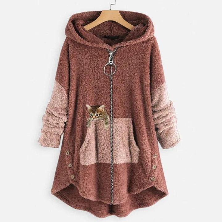 Charlotte | Women's Fluffy Plush Zip-Up Cat Print Hooded Sweater