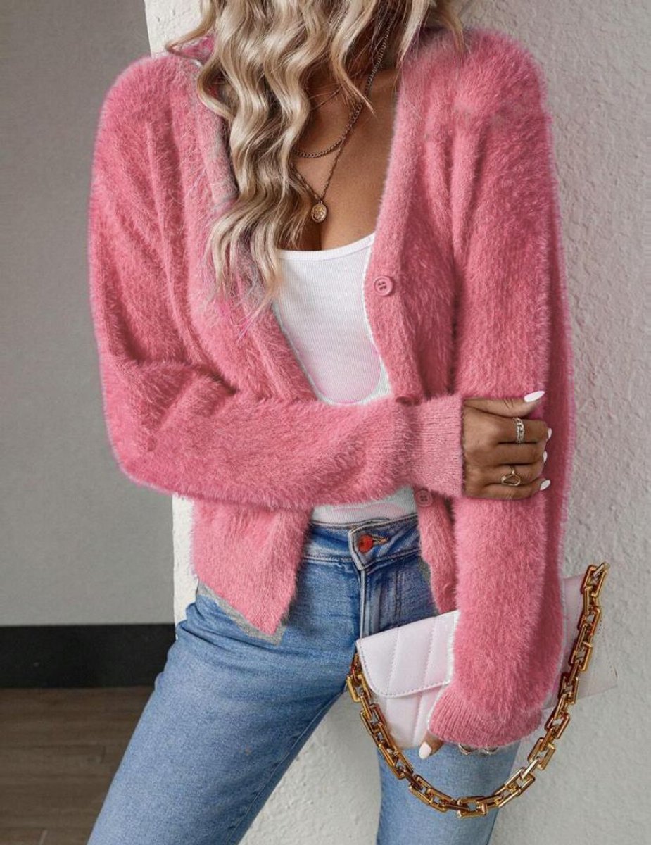 Charlotte | Women's Fluffy V-Neck Button-Front Knit Cardigan