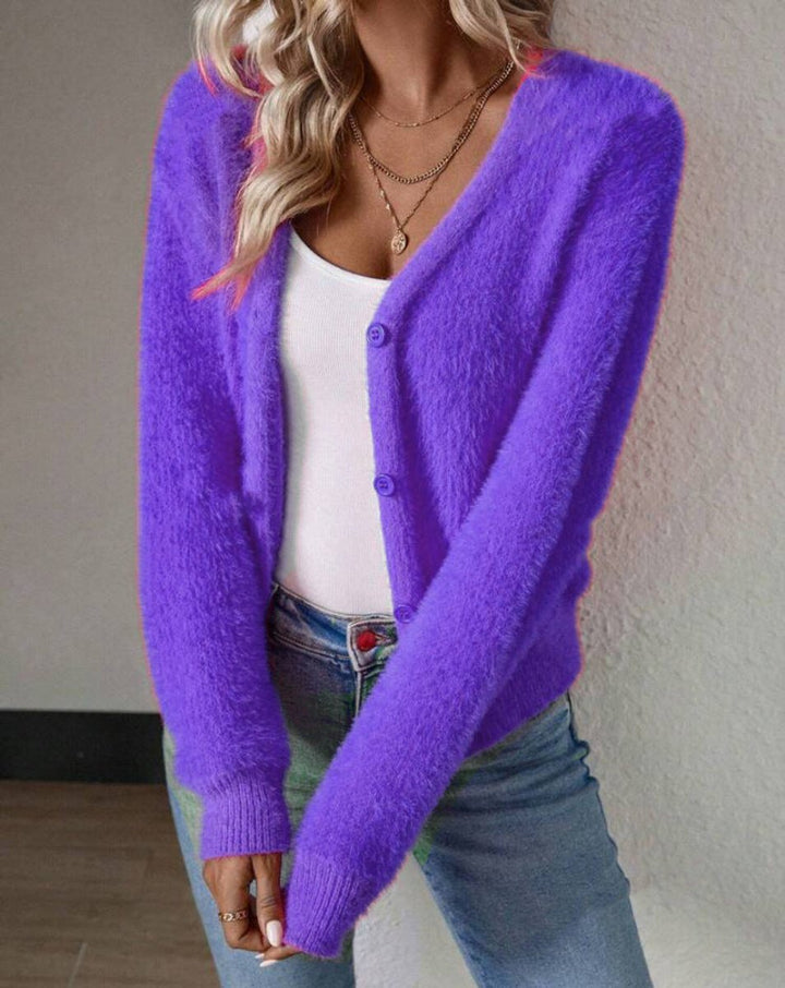 Charlotte | Women's Fluffy V-Neck Button-Front Knit Cardigan