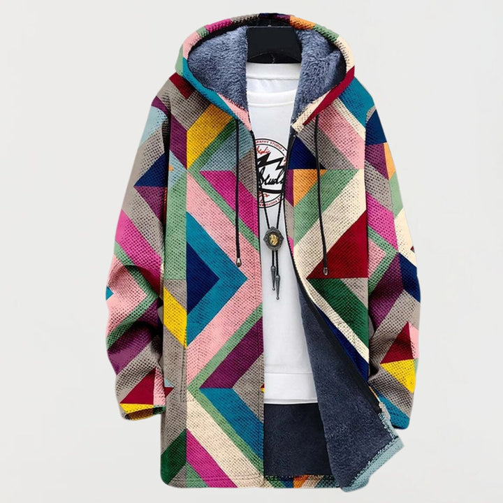 Amelia | Women's Geometric Print Fleece-Lined Hooded Sweater Coat