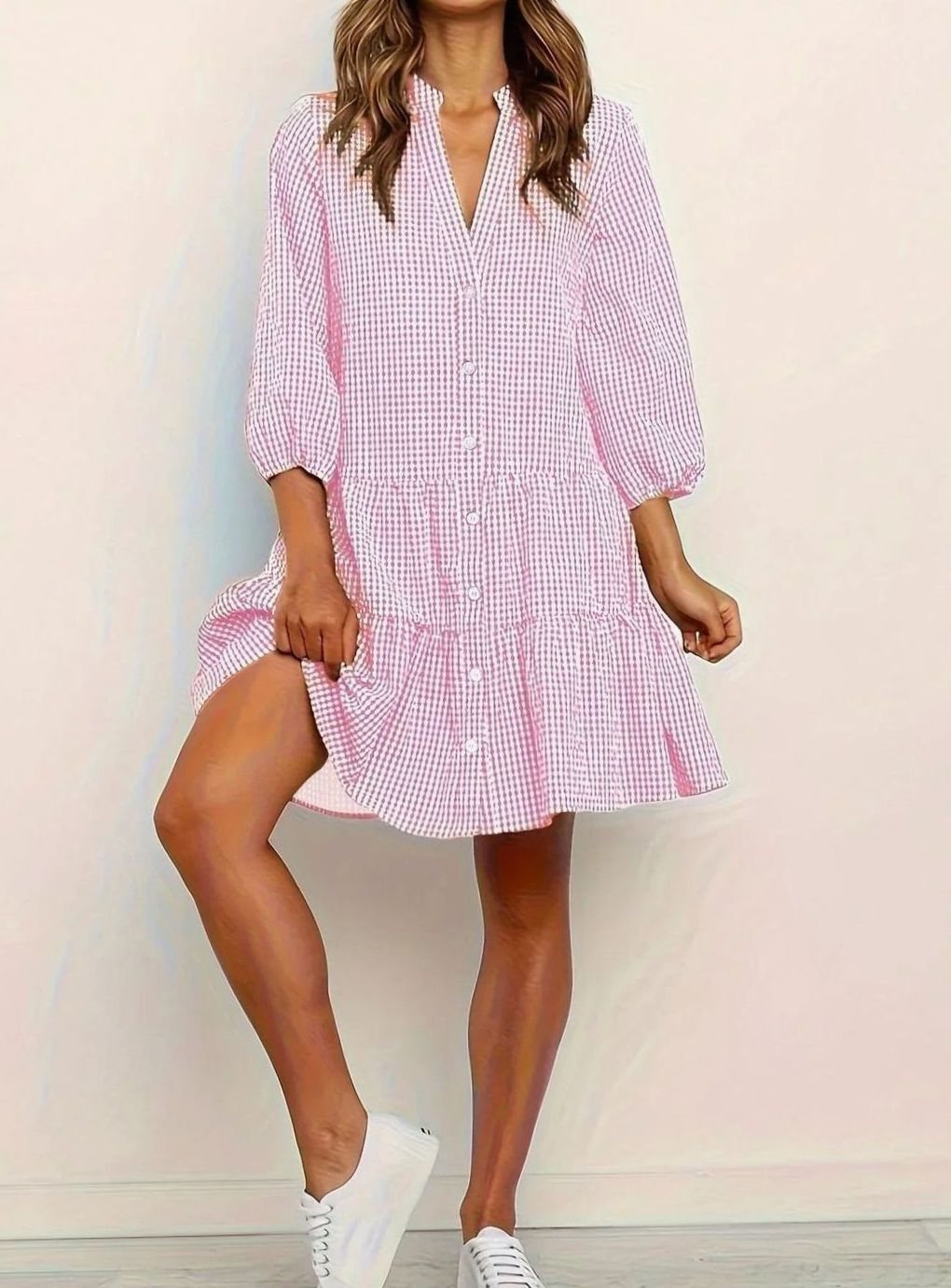 Isabella | Women's Gingham Button-Front Ruffle Hem Mini Dress