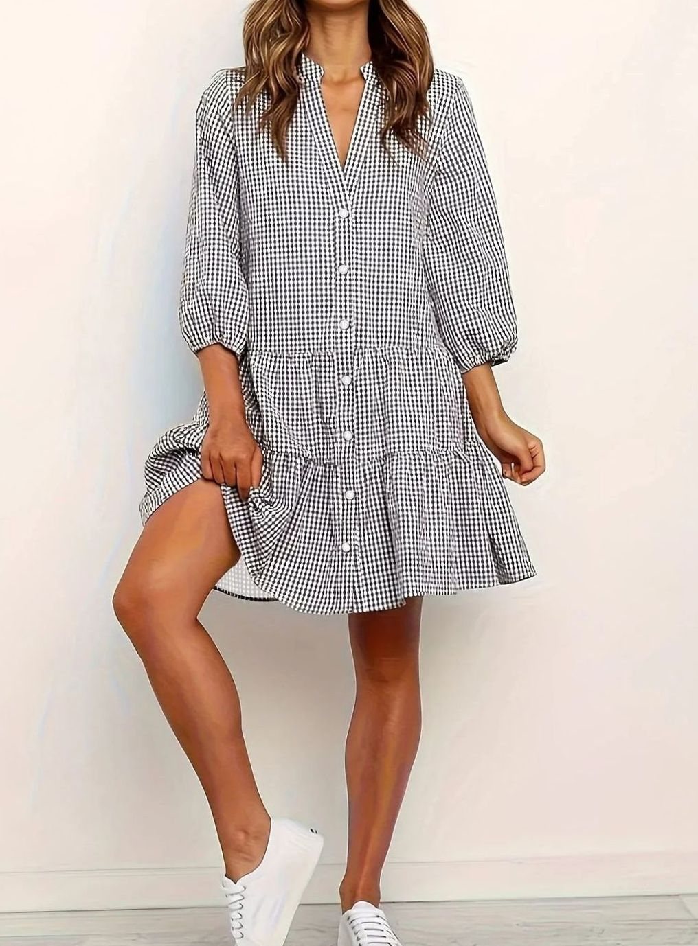 Isabella | Women's Gingham Button-Front Ruffle Hem Mini Dress