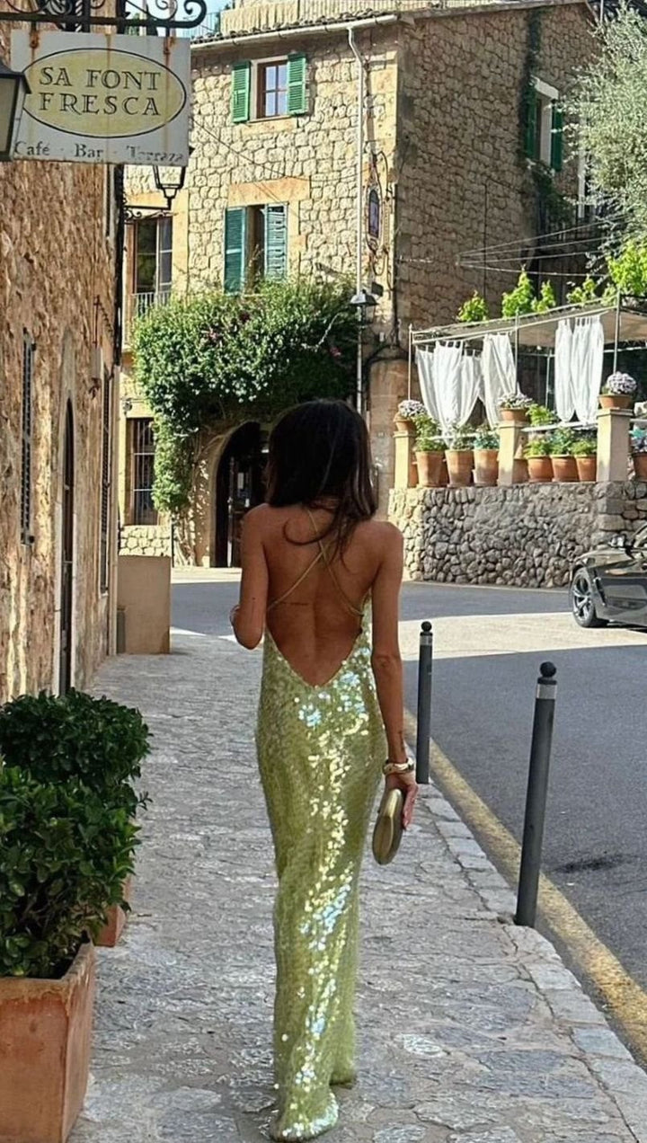 Charlotte | Women's Green Sequin Backless Open-Back Maxi Dress
