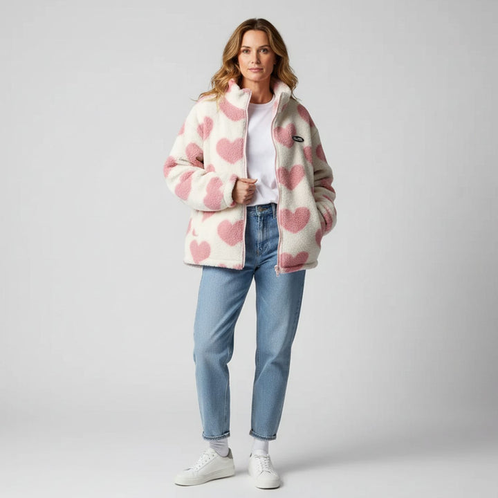 Zoey | Women's Heart-Print Sherpa Zip-Up Fleece Jacket