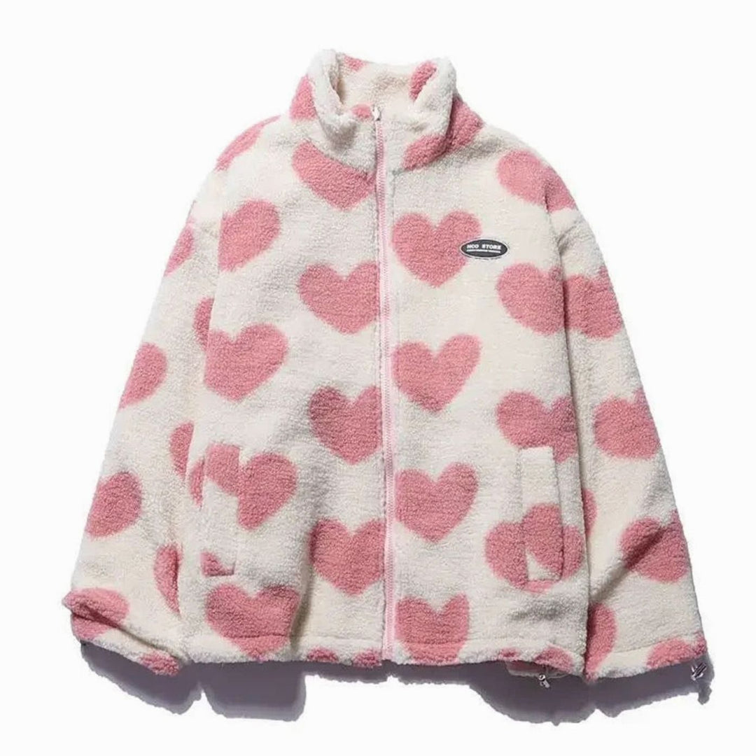 Zoey | Women's Heart-Print Sherpa Zip-Up Fleece Jacket