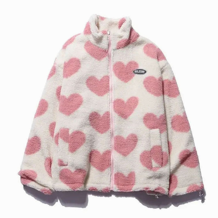 Zoey | Women's Heart-Print Sherpa Zip-Up Fleece Jacket