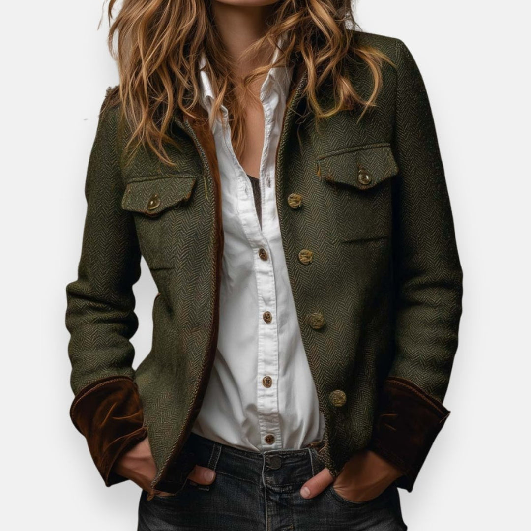 Mia | Women's Herringbone Tweed Utility Quilted Jacket Gold Buttons