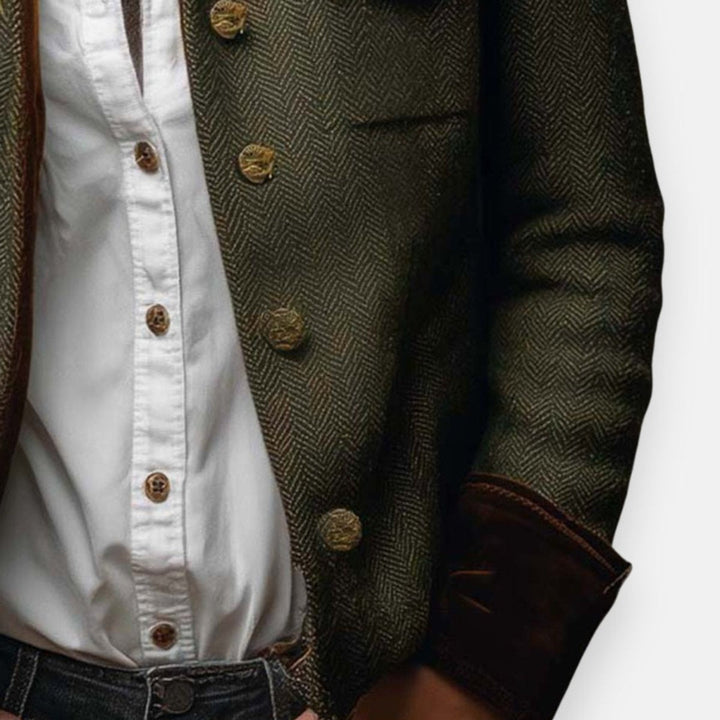 Mia | Women's Herringbone Tweed Utility Quilted Jacket Gold Buttons